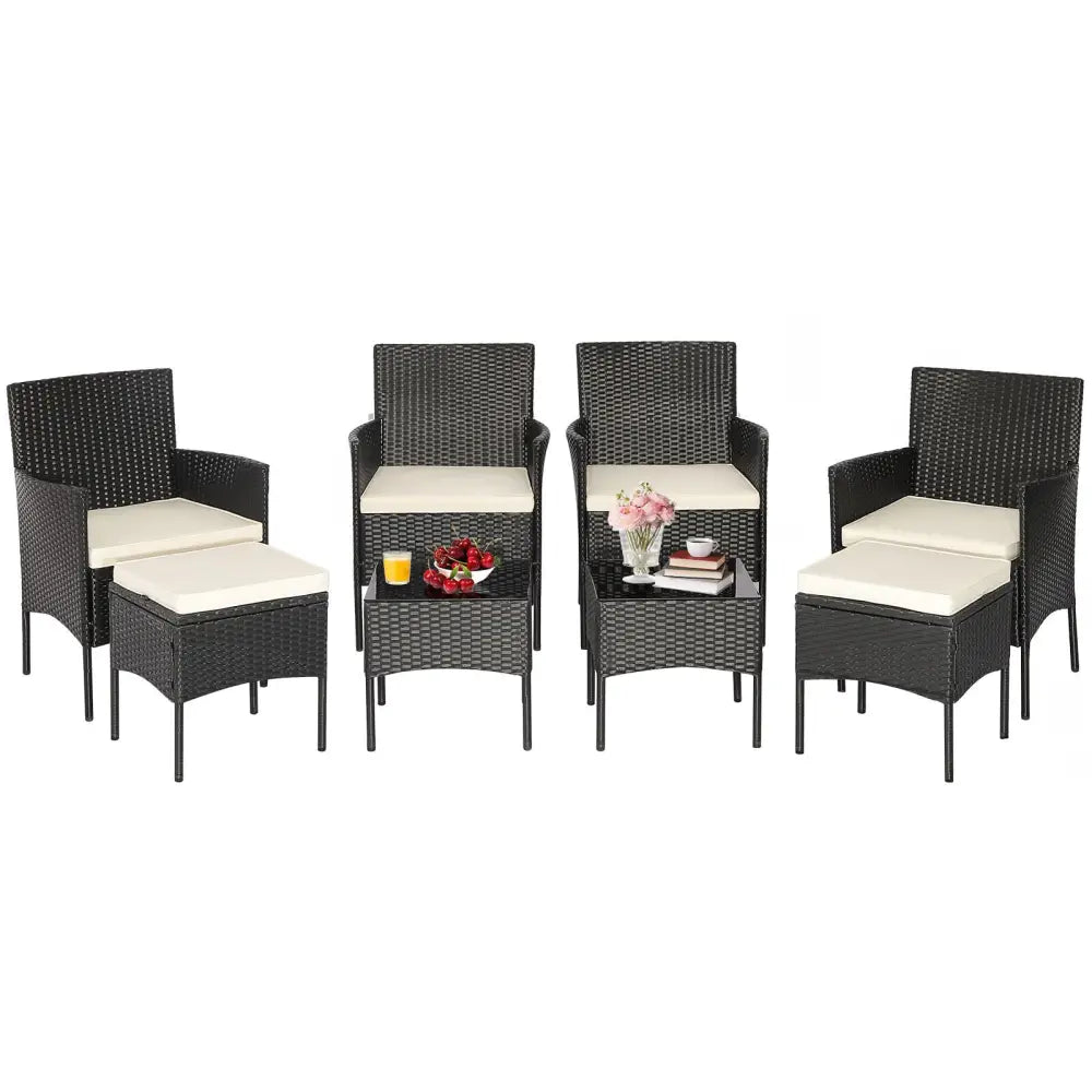 8 Pieces Patio Wicker Conversation Set with 2 Coffee Tables and 2 Ottomans - Off White - Patio Conversation Sets