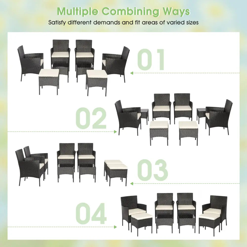 8 Pieces Patio Wicker Conversation Set with 2 Coffee Tables and 2 Ottomans - Off White - Patio Conversation Sets