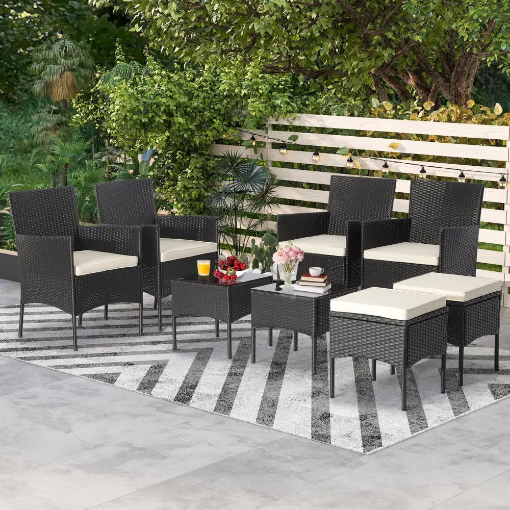 8 Pieces Patio Wicker Conversation Set with 2 Coffee Tables and 2 Ottomans - Off White - Patio Conversation Sets