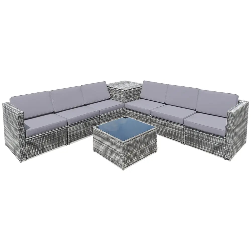 8 Pieces Wicker Sofa Rattan Dining Set Patio Furniture with Storage Table-Gray - Gray - Outdoor Sectionals