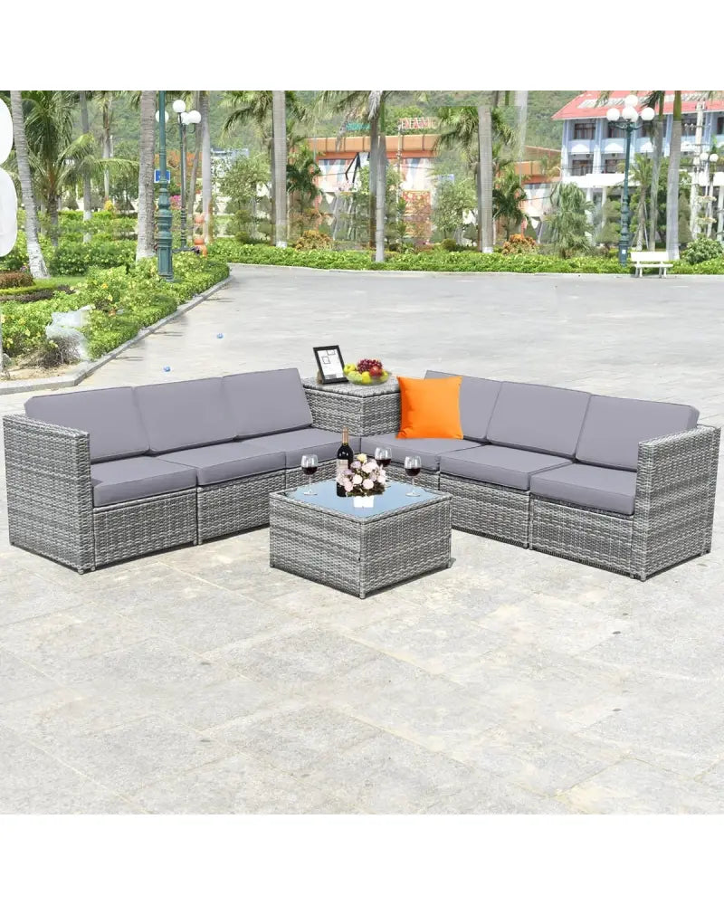 8 Pieces Wicker Sofa Rattan Dining Set Patio Furniture with Storage Table-Gray - Gray - Outdoor Sectionals