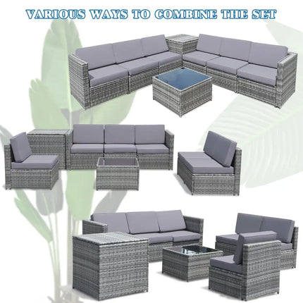 8 Pieces Wicker Sofa Rattan Dining Set Patio Furniture with Storage Table-Gray - Gray - Outdoor Sectionals