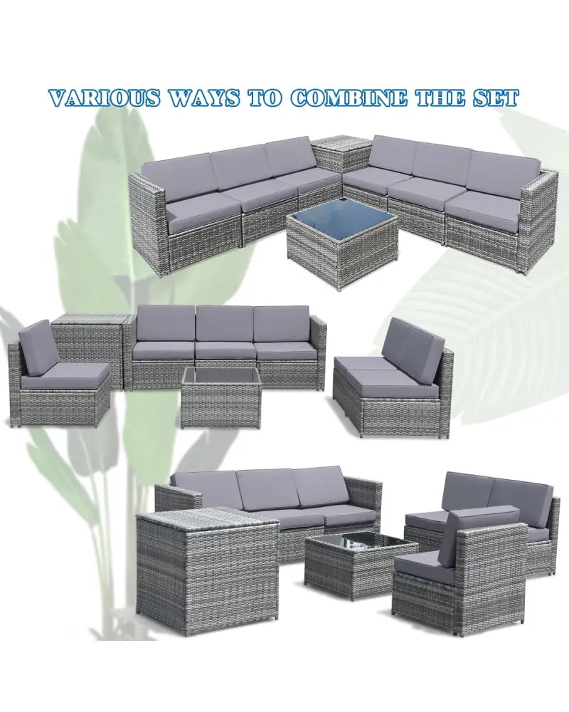 8 Pieces Wicker Sofa Rattan Dining Set Patio Furniture with Storage Table-Gray - Gray - Outdoor Sectionals