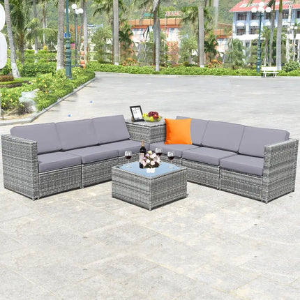 8 Pieces Wicker Sofa Rattan Dining Set Patio Furniture with Storage Table-Gray - Gray - Outdoor Sectionals