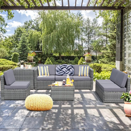 8 Pieces Wicker Sofa Rattan Dining Set Patio Furniture with Storage Table-Gray - Gray - Outdoor Sectionals