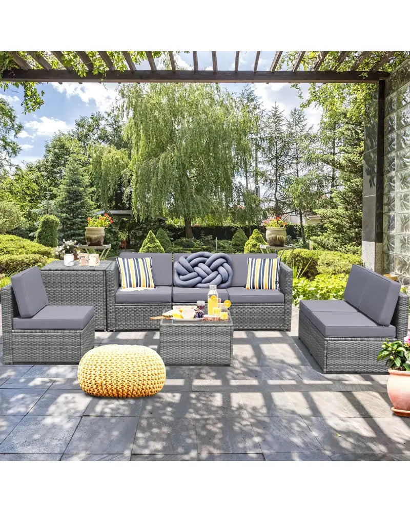 8 Pieces Wicker Sofa Rattan Dining Set Patio Furniture with Storage Table-Gray - Gray - Outdoor Sectionals