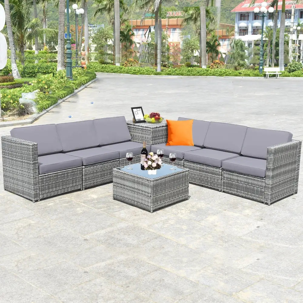 8 Pieces Wicker Sofa Rattan Dining Set Patio Furniture with Storage Table-Gray - Gray - Outdoor Sectionals