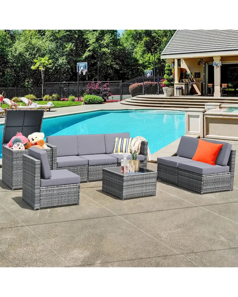 8 Pieces Wicker Sofa Rattan Dining Set Patio Furniture with Storage Table-Gray - Gray - Outdoor Sectionals