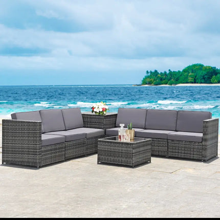 8 Pieces Wicker Sofa Rattan Dining Set Patio Furniture with Storage Table-Gray - Gray - Outdoor Sectionals