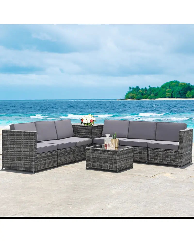 8 Pieces Wicker Sofa Rattan Dining Set Patio Furniture with Storage Table-Gray - Gray - Outdoor Sectionals