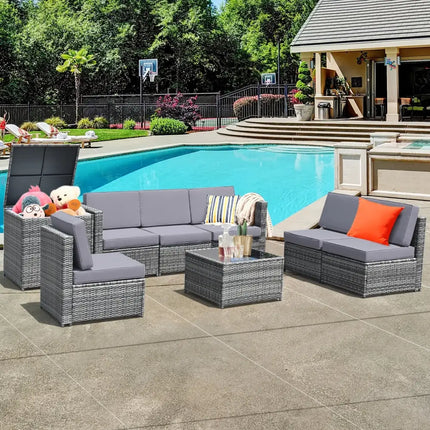 8 Pieces Wicker Sofa Rattan Dining Set Patio Furniture with Storage Table-Gray - Gray - Outdoor Sectionals