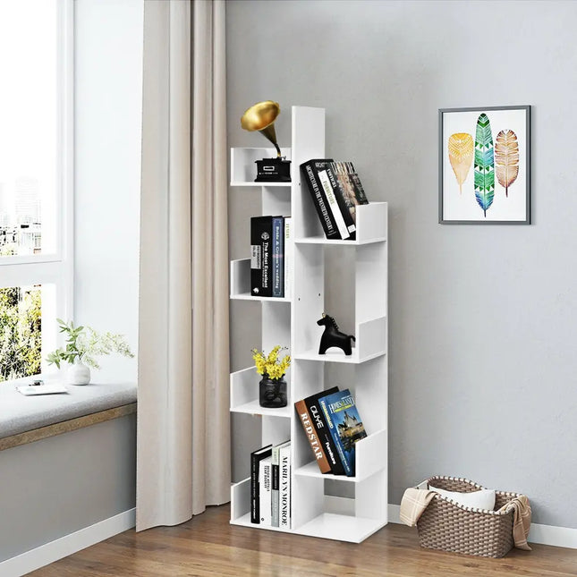 8-Tier Bookshelf Bookcase Space-Saving Storage Rack with 8 Open Compartments-White - White - Bookcases