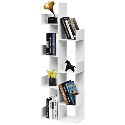 8-Tier Bookshelf Bookcase Space-Saving Storage Rack with 8 Open Compartments-White - White - Bookcases