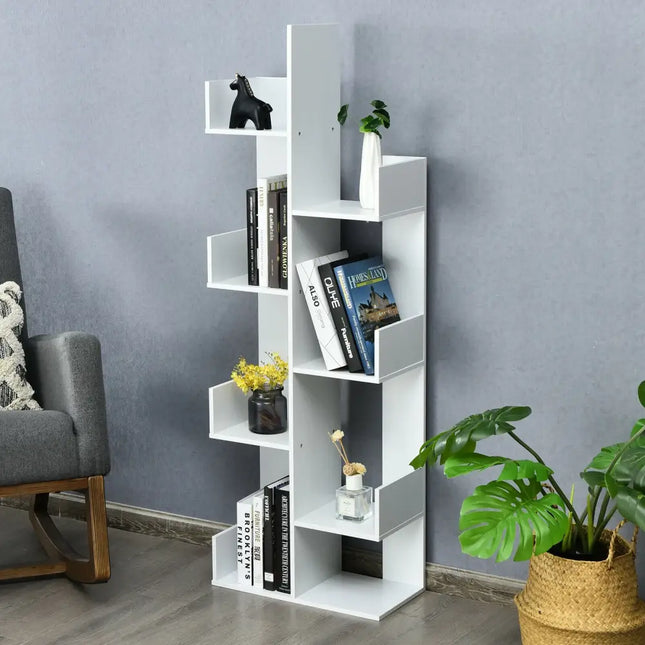 8-Tier Bookshelf Bookcase Space-Saving Storage Rack with 8 Open Compartments-White - White - Bookcases