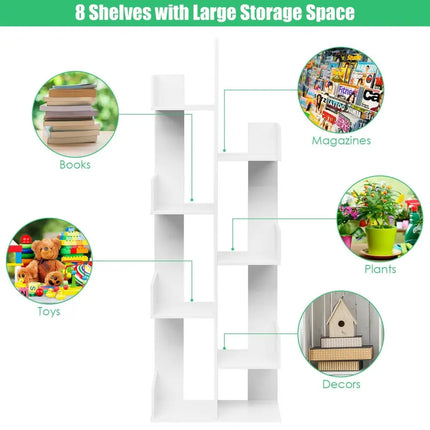 8-Tier Bookshelf Bookcase with 8 Open Compartments Space-Saving Storage Rack -White - White - Bookcases