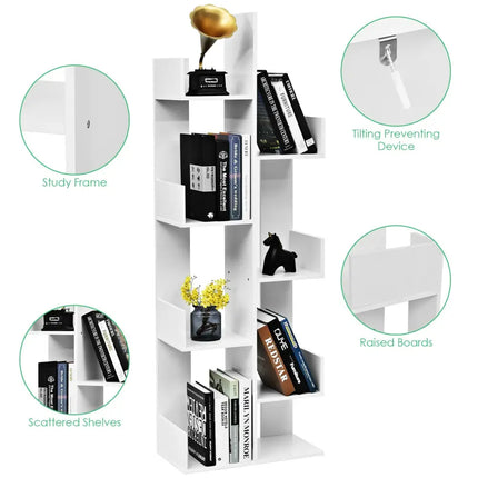 8-Tier Bookshelf Bookcase with 8 Open Compartments Space-Saving Storage Rack -White - White - Bookcases