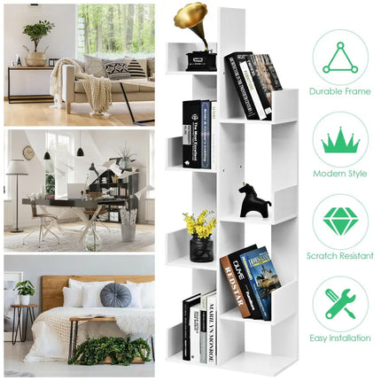 8-Tier Bookshelf Bookcase with 8 Open Compartments Space-Saving Storage Rack -White - White - Bookcases