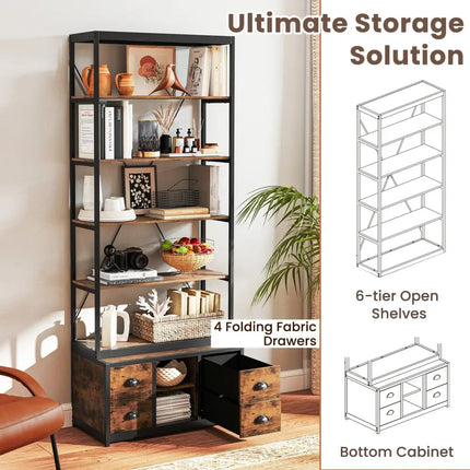8-tier Bookshelf with 4 Fabric Drawers and Heavy-duty Metal Frame-Coffee - Coffee - Bookcases