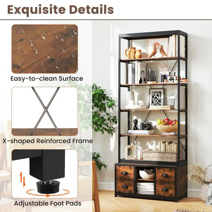 8-tier Bookshelf with 4 Fabric Drawers and Heavy-duty Metal Frame-Coffee - Coffee - Bookcases