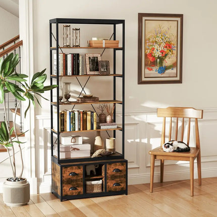 8-tier Bookshelf with 4 Fabric Drawers and Heavy-duty Metal Frame-Coffee - Coffee - Bookcases