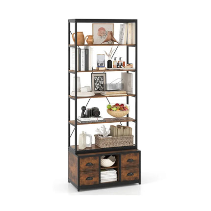 8-tier Bookshelf with 4 Fabric Drawers and Heavy-duty Metal Frame-Coffee - Coffee - Bookcases