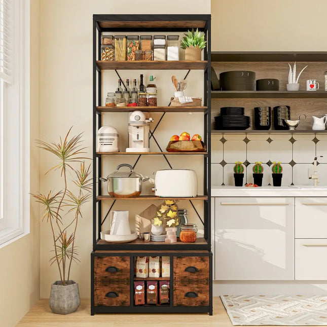 8-tier Bookshelf with 4 Fabric Drawers and Heavy-duty Metal Frame-Coffee - Coffee - Bookcases