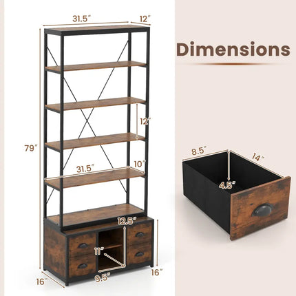 8-tier Bookshelf with 4 Fabric Drawers and Heavy-duty Metal Frame-Coffee - Coffee - Bookcases