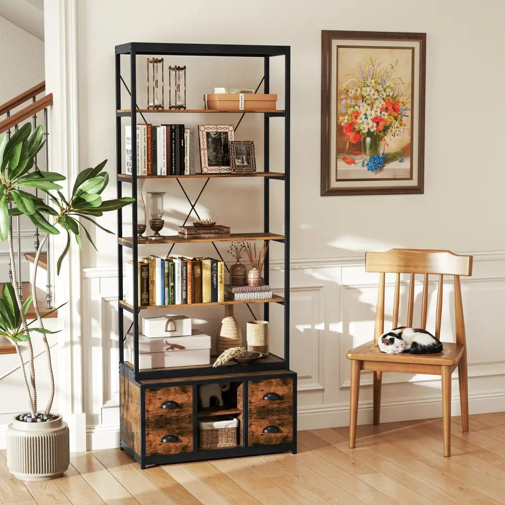 8-tier Bookshelf with 4 Fabric Drawers and Heavy-duty Metal Frame-Coffee - Coffee - Bookcases