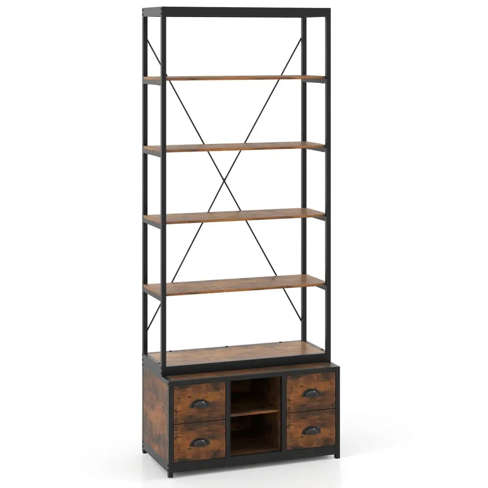 8-tier Bookshelf with 4 Fabric Drawers and Heavy-duty Metal Frame-Coffee - Coffee - Bookcases