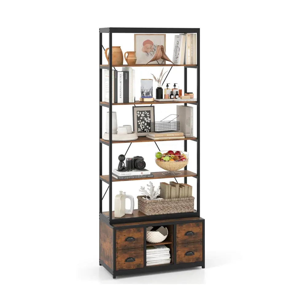 8-tier Bookshelf with 4 Fabric Drawers and Heavy-duty Metal Frame-Coffee - Coffee - Bookcases
