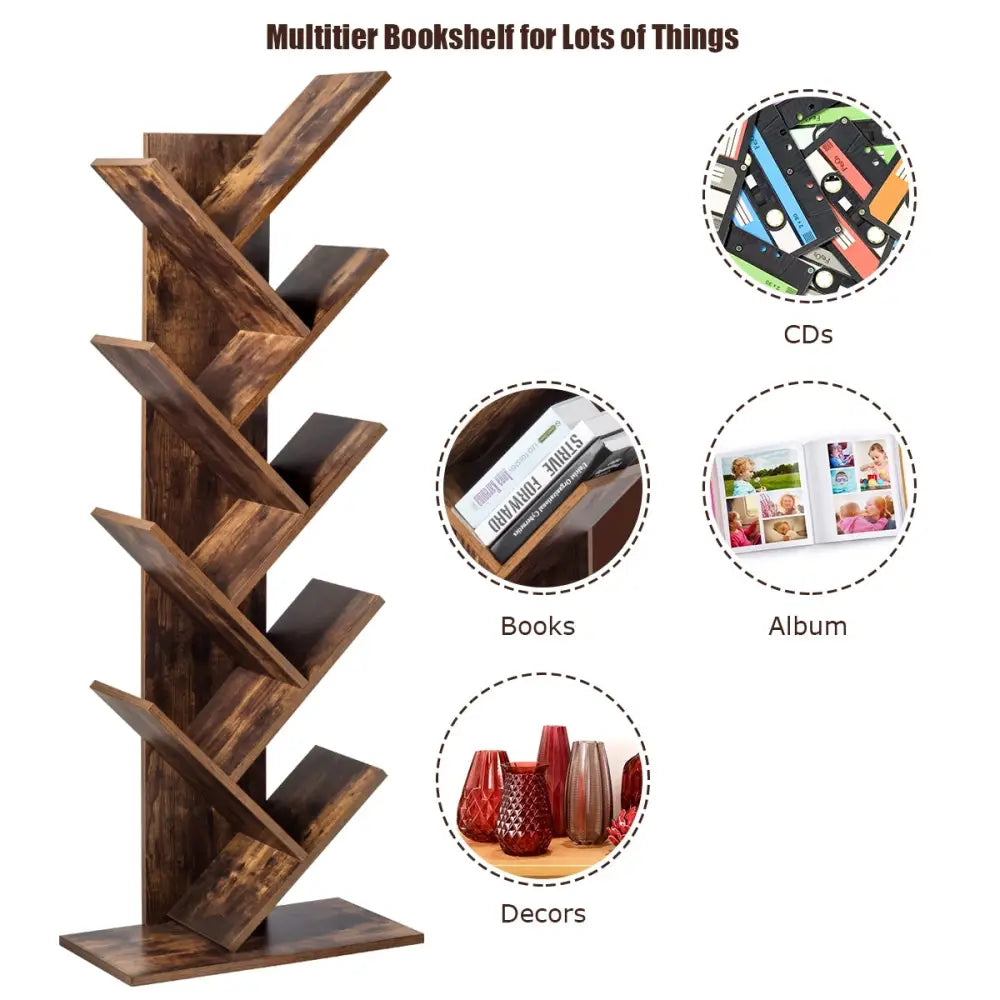 8-Tier Free Standing Tree Bookshelf-Coffee - Coffee - Bookcases