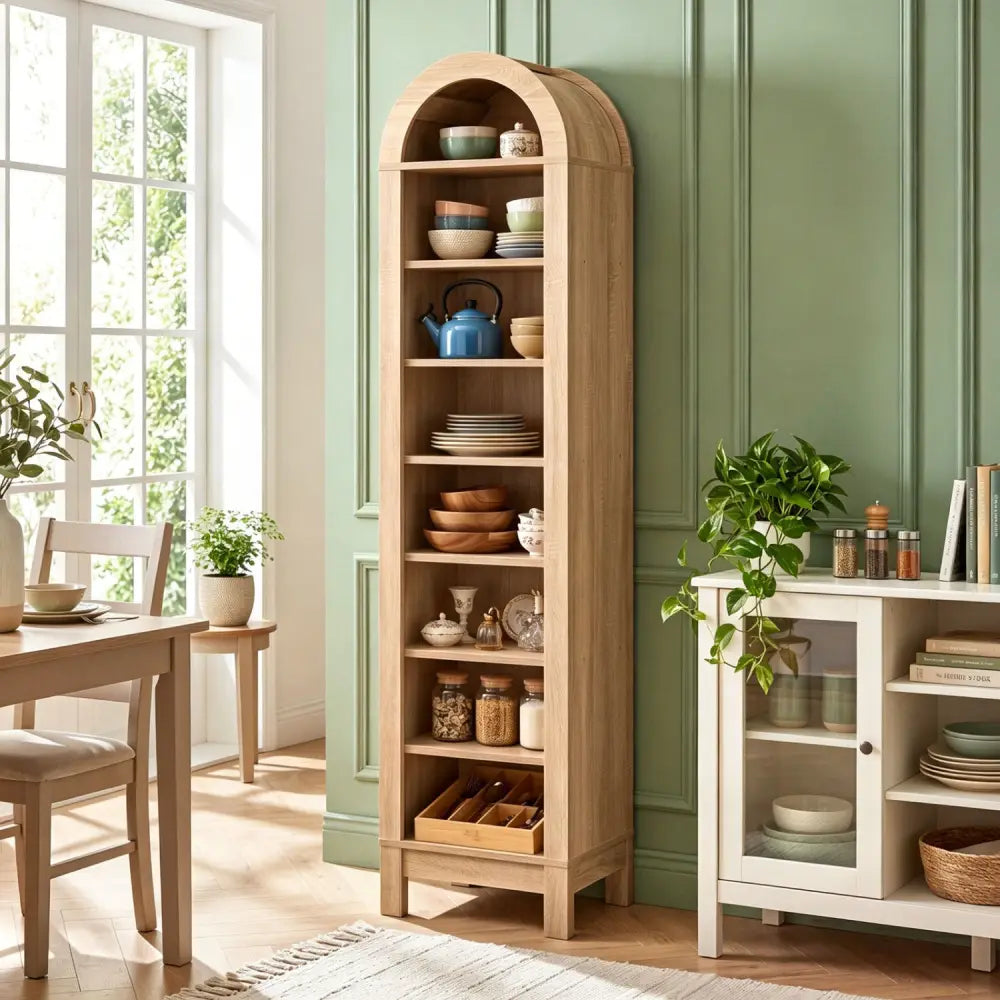 8-Tier Modern Arch Bookshelf with 3 Adjustable Shelves-Natural - Natural - Bookcases
