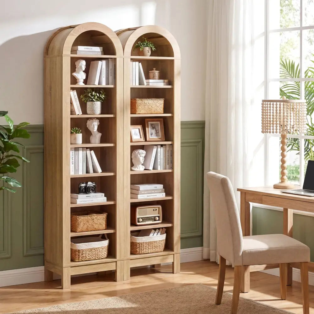 8-Tier Modern Arch Bookshelf with 3 Adjustable Shelves-Natural - Natural - Bookcases
