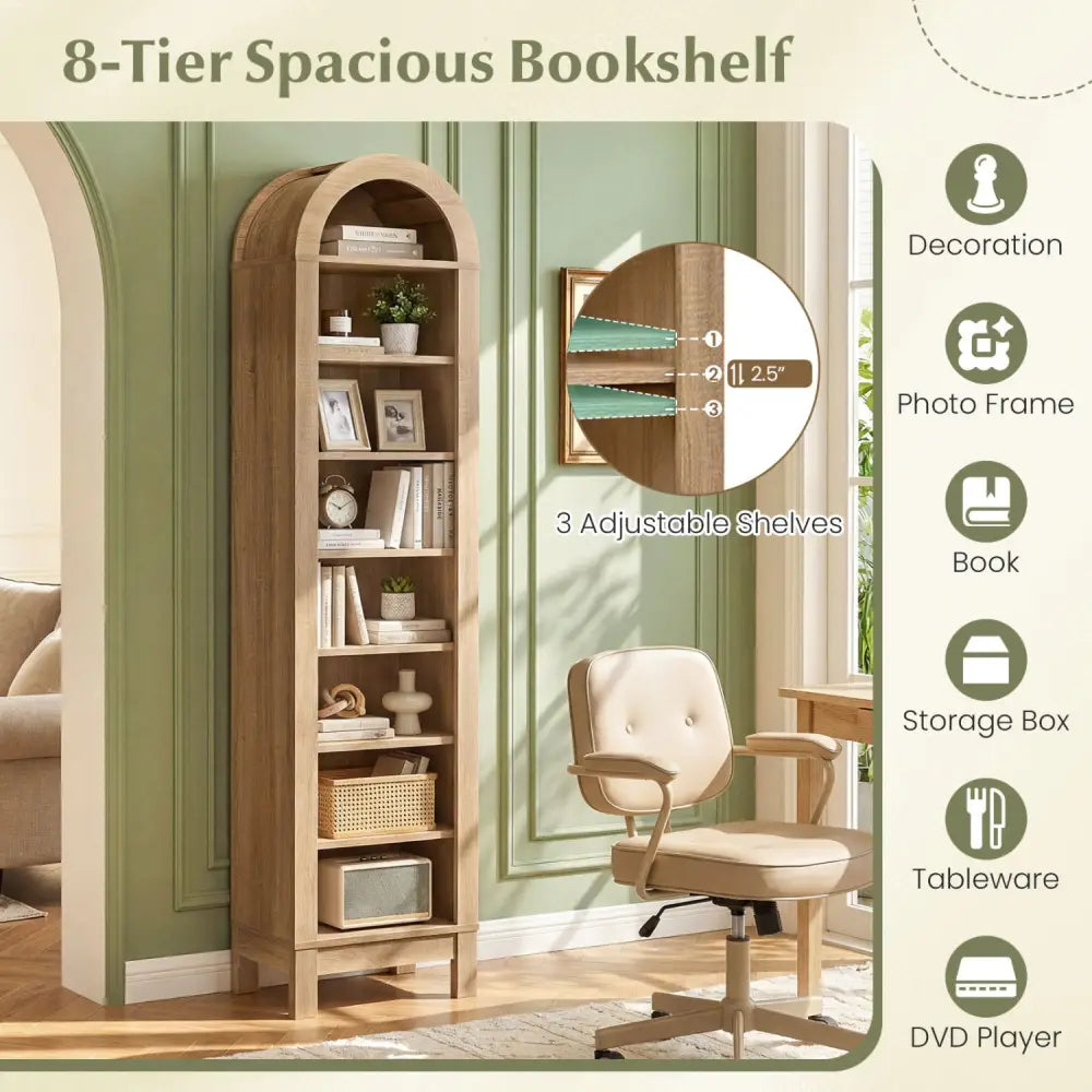 8-Tier Modern Arch Bookshelf with 3 Adjustable Shelves-Natural - Natural - Bookcases