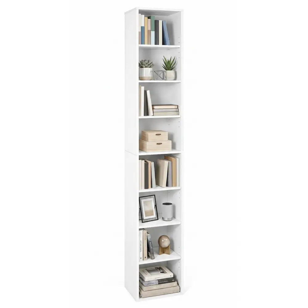 8-Tier Narrow Bookshelf with 4 Adjustable Shelves and Storage Cubes-White - White - Bookcases