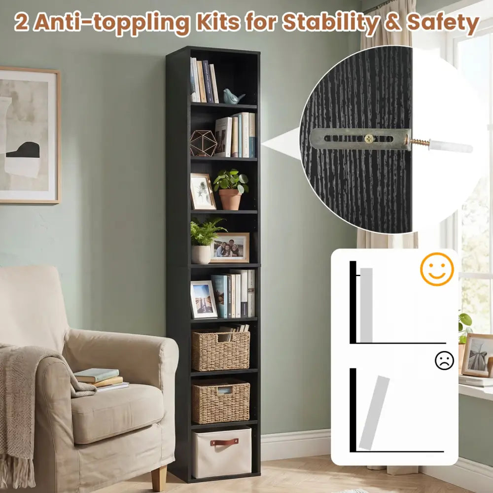8-Tier Narrow Bookshelf with 4 Adjustable Shelves and Storage Cubes-Black - Black - Bookcases