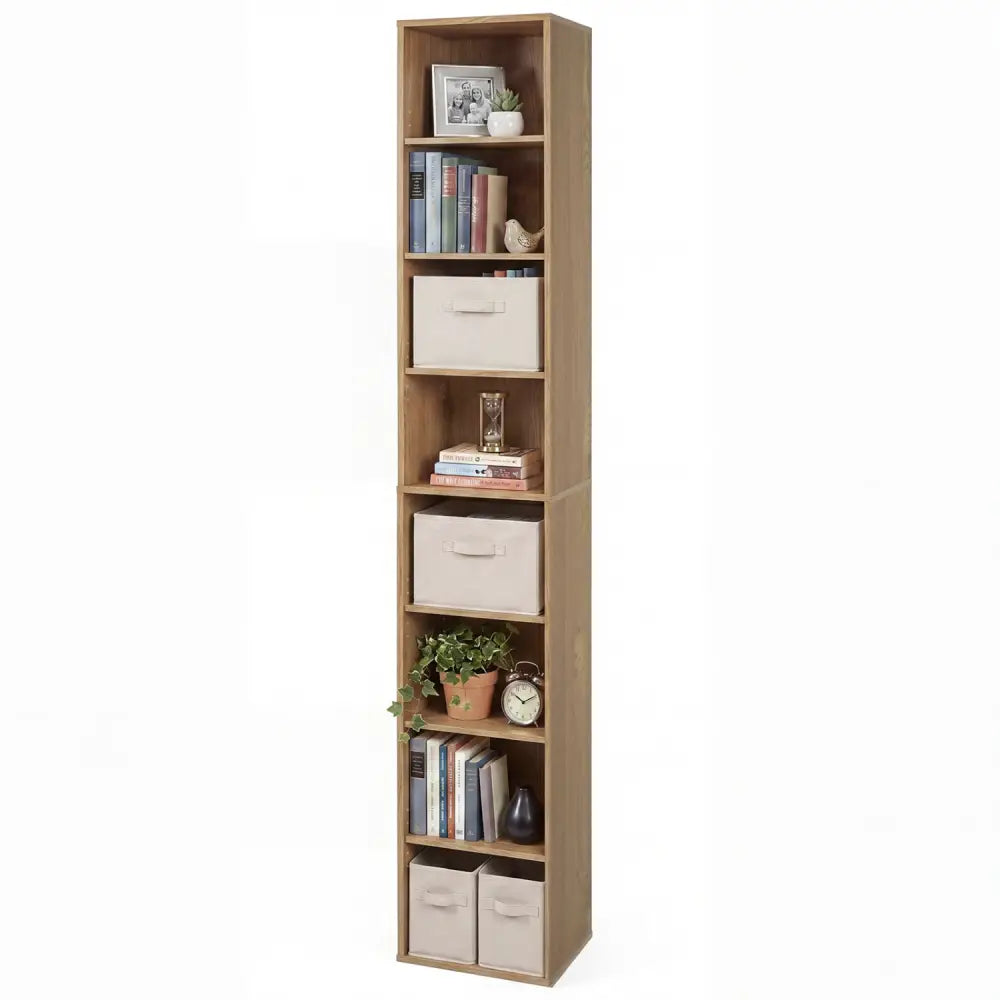 8-Tier Narrow Bookshelf with 4 Adjustable Shelves and Storage Cubes-Natural - Natural - Bookcases