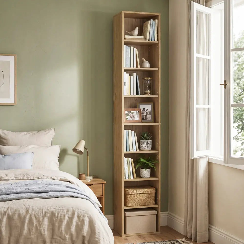 8-Tier Narrow Bookshelf with 4 Adjustable Shelves and Storage Cubes-Natural - Natural - Bookcases