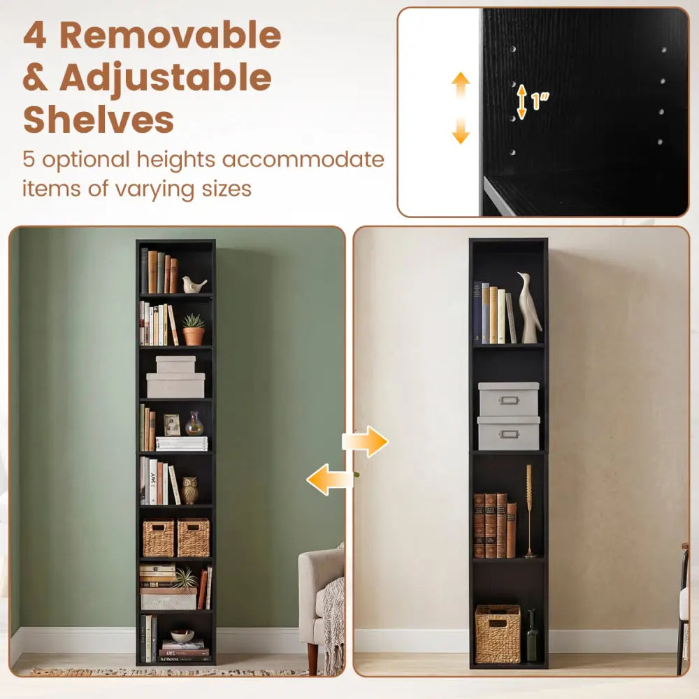 8-Tier Narrow Bookshelf with 4 Adjustable Shelves and Storage Cubes-Black - Black - Bookcases
