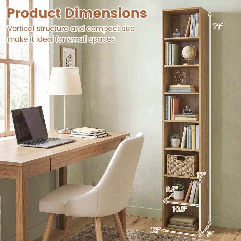 8-Tier Narrow Bookshelf with 4 Adjustable Shelves and Storage Cubes-Natural - Natural - Bookcases