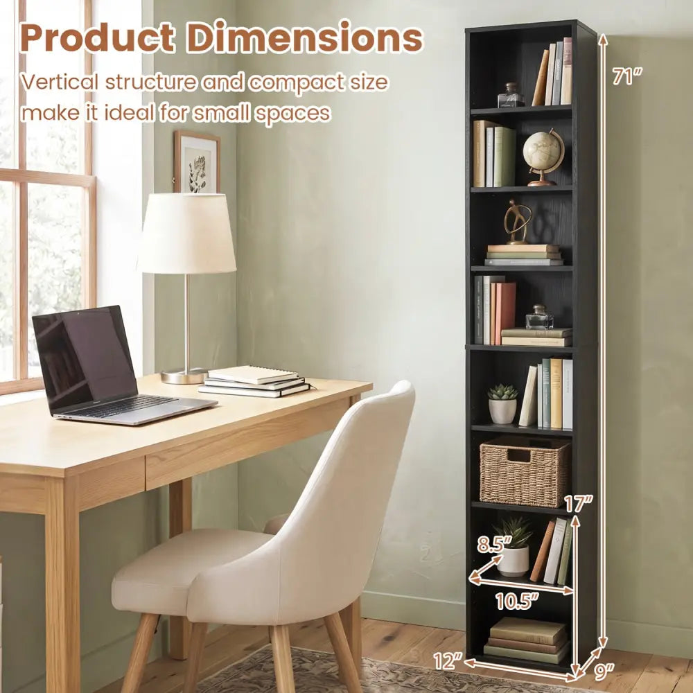 8-Tier Narrow Bookshelf with 4 Adjustable Shelves and Storage Cubes-Black - Black - Bookcases