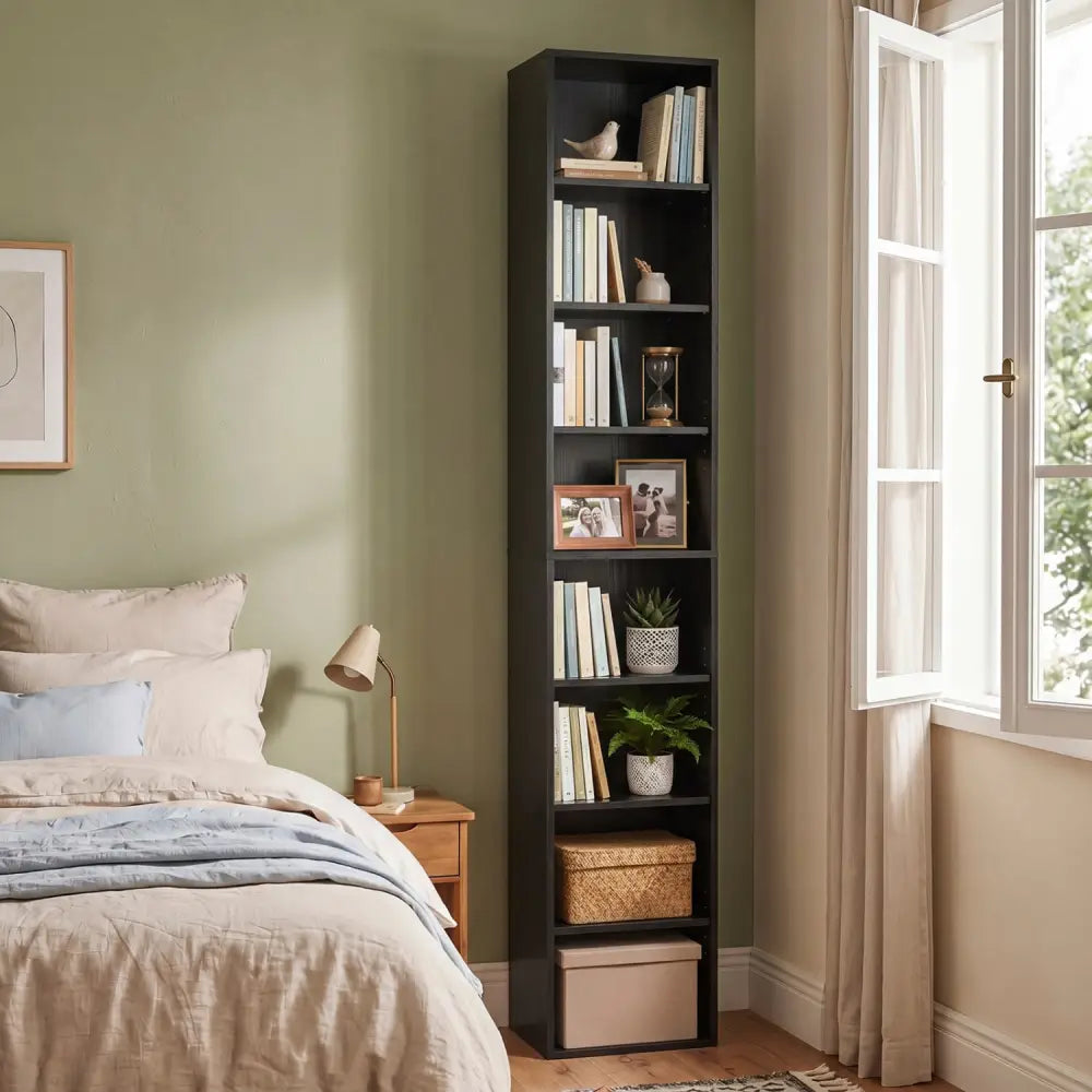 8-Tier Narrow Bookshelf with 4 Adjustable Shelves and Storage Cubes-Black - Black - Bookcases
