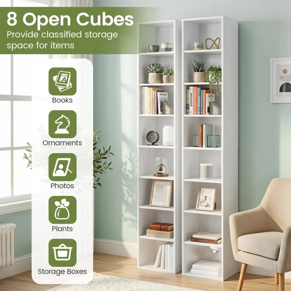 8-Tier Narrow Bookshelf with 4 Adjustable Shelves and Storage Cubes-White - White - Bookcases