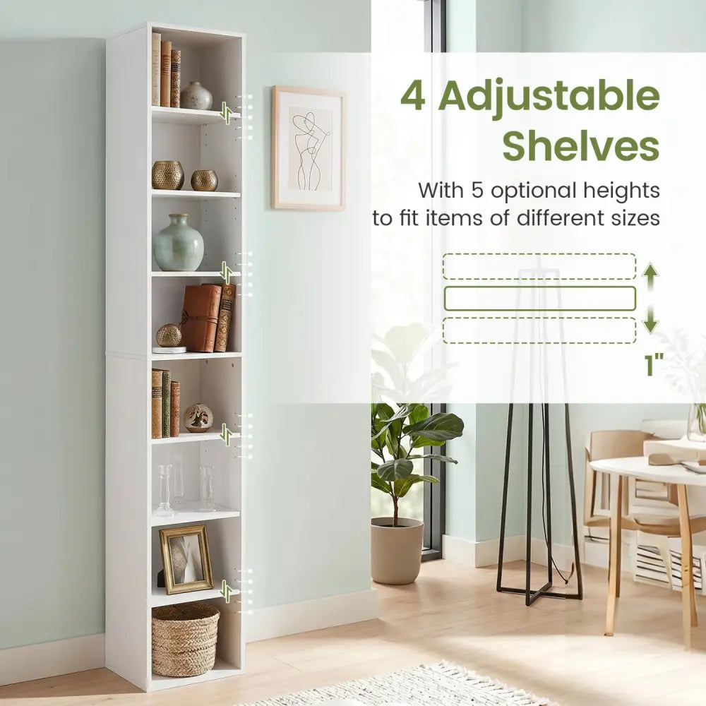 8-Tier Narrow Bookshelf with 4 Adjustable Shelves and Storage Cubes-White - White - Bookcases