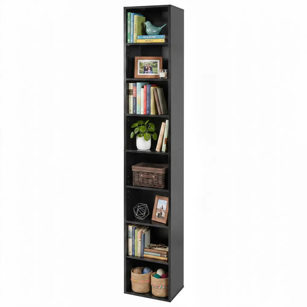 8-Tier Narrow Bookshelf with 4 Adjustable Shelves and Storage Cubes-Black - Black - Bookcases