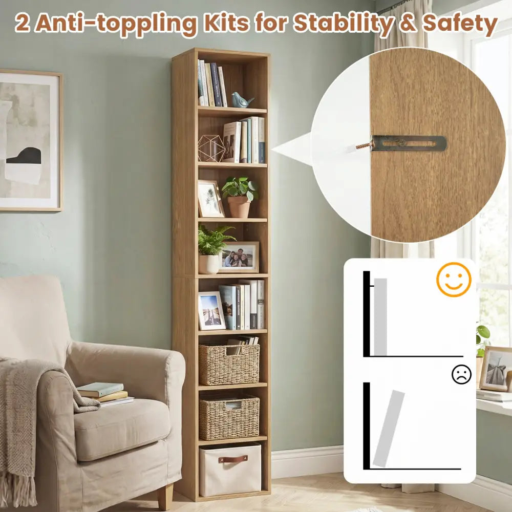 8-Tier Narrow Bookshelf with 4 Adjustable Shelves and Storage Cubes-Natural - Natural - Bookcases