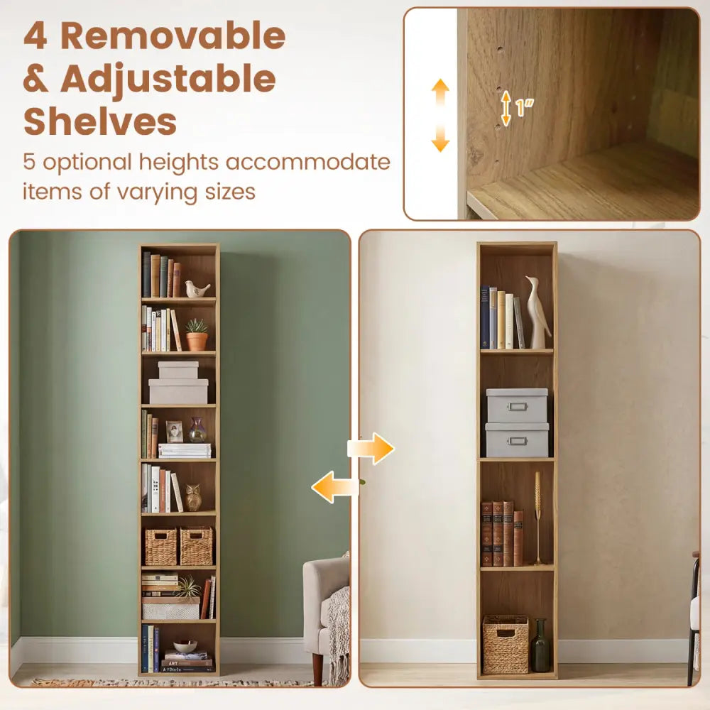 8-Tier Narrow Bookshelf with 4 Adjustable Shelves and Storage Cubes-Natural - Natural - Bookcases