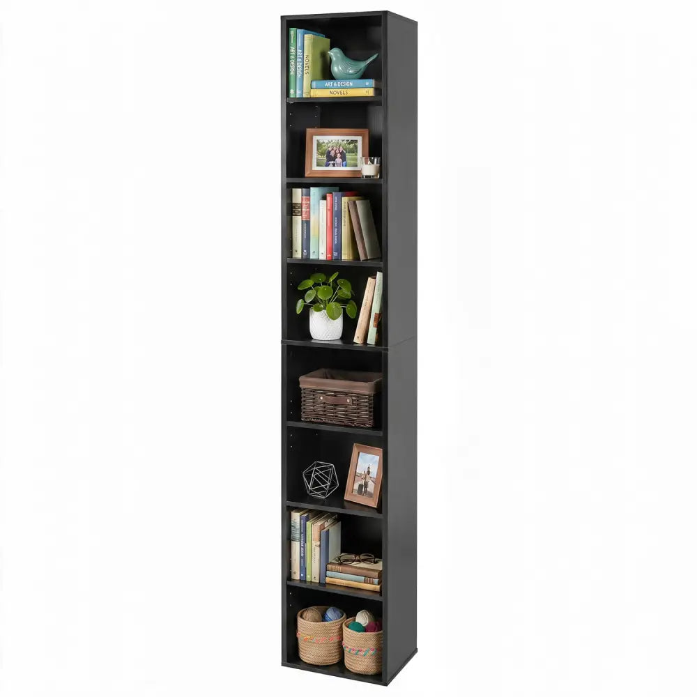 8-Tier Narrow Bookshelf with 4 Adjustable Shelves and Storage Cubes-Black - Black - Bookcases