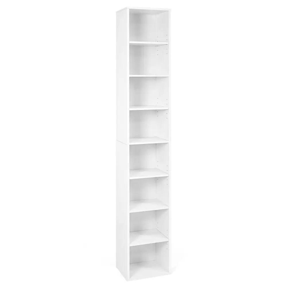 8-Tier Narrow Bookshelf with 4 Adjustable Shelves and Storage Cubes-White - White - Bookcases