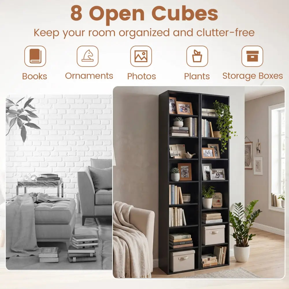 8-Tier Narrow Bookshelf with 4 Adjustable Shelves and Storage Cubes-Black - Black - Bookcases